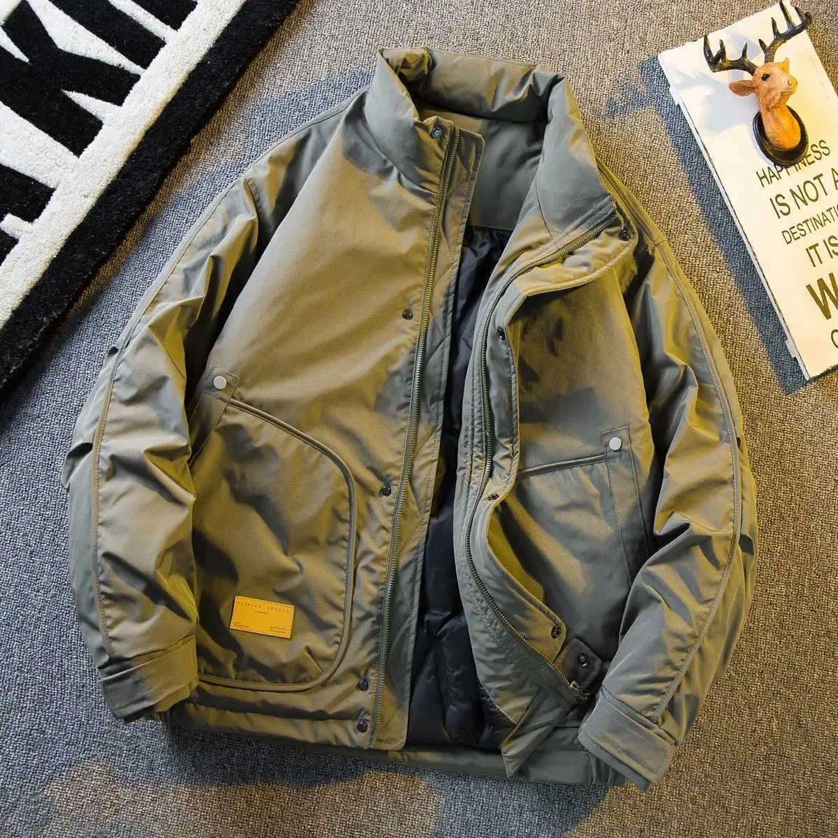 Men's Army Green Padded Jacket Winter Thickened Warm Stand Collar Zip Up American Vintage Workwear Cotton Coat Parkas