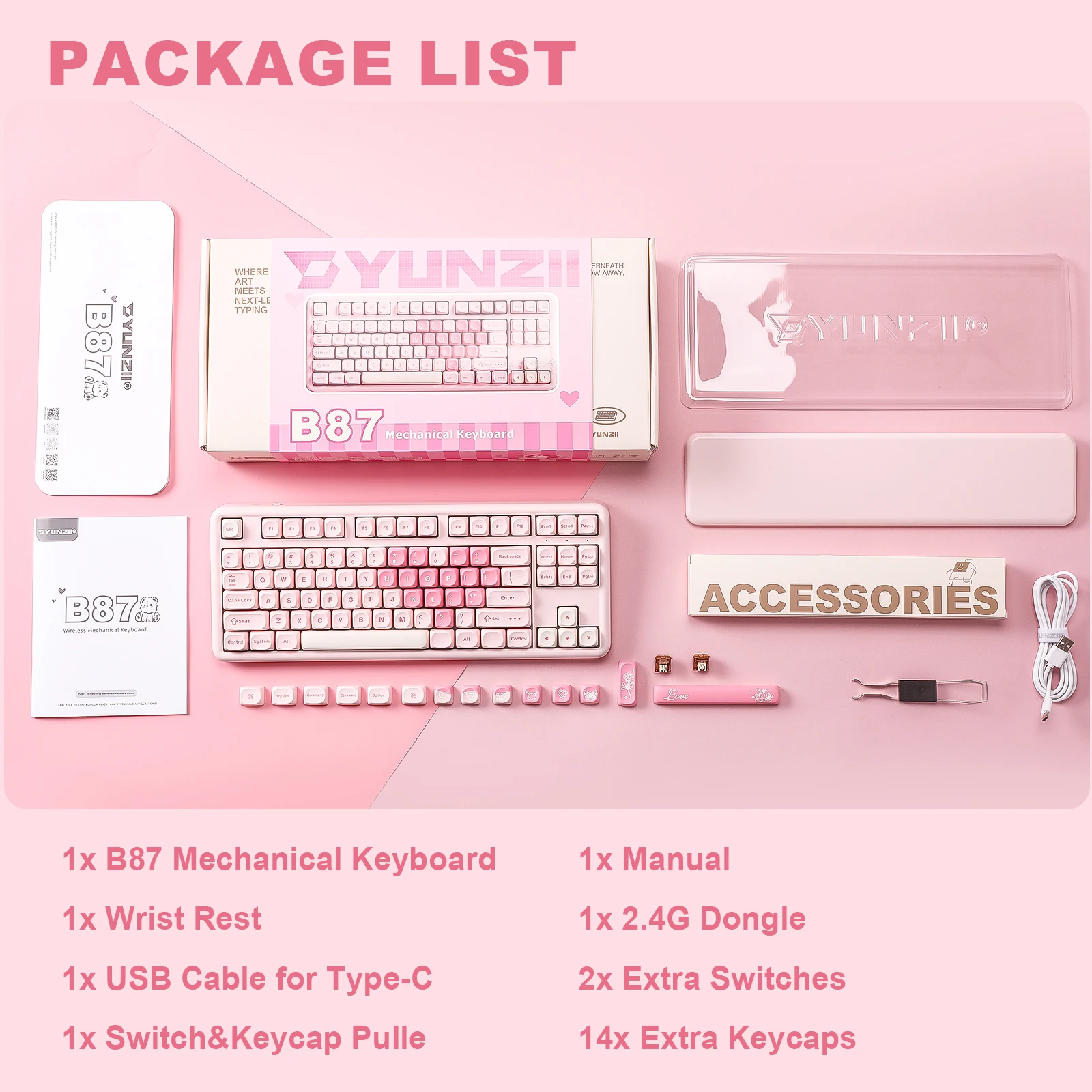 YUNZII B87 Keyboard Gaming Mekanis Merah Muda, Keyboard RGB Gasket Kustom QMK/VIA, Keeb Estetika Nirkabel, Sandaran Tangan untuk Win/Mac