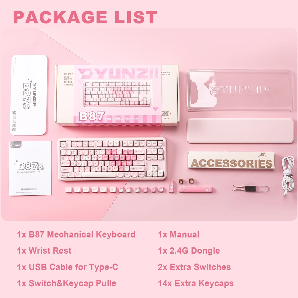 YUNZII B87 ピンクメカニカルゲーミングキーボード、QMK/VIA カスタム