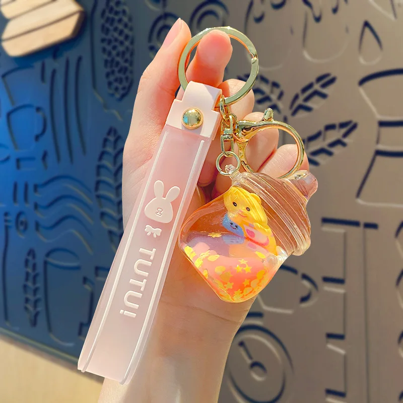 Cute Cream Bear Quicksand Pink Bottle Keychain Floating Butter Bear Sequins Perfume Bottle Yellow Pop Can Liquid Bag Keys Chain