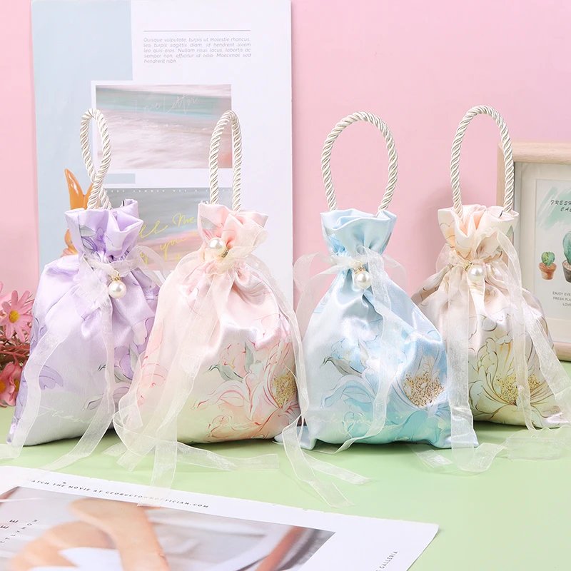 Pearl Pendant Flower Drawstring Bag Satin Bow Large Capacity Festive Wedding Candy Sugar Bag Bucket Bag Gift Storage Bag