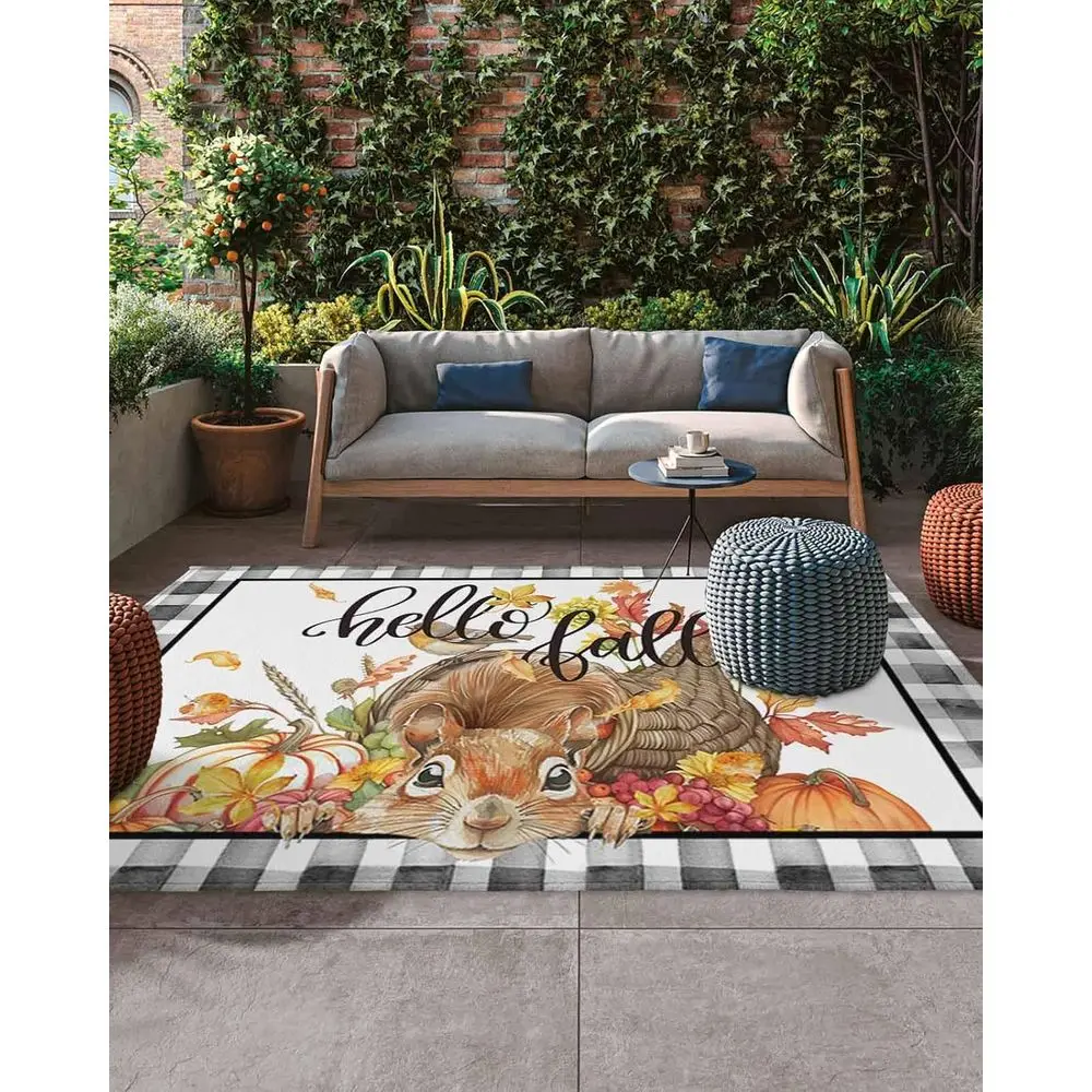 

5x8 ft Fall Thanksgiving Outdoor Rug with Squirrel and Fruit Design for Patio, Deck, and Porch - Harvest Kin Leaf Basket Plaid