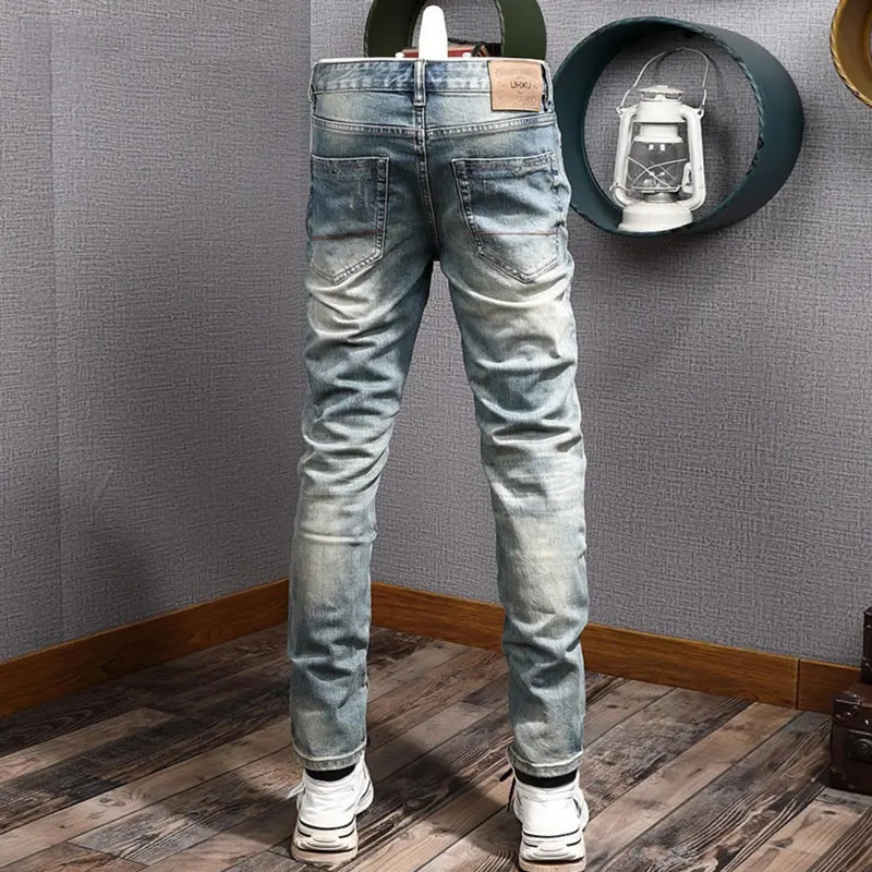 Street Fashion Men Jeans Retro Washed Blue High Quality Elastic Slim Fit Ripped Jeans Men Vintage Designer Casual Denim Pants