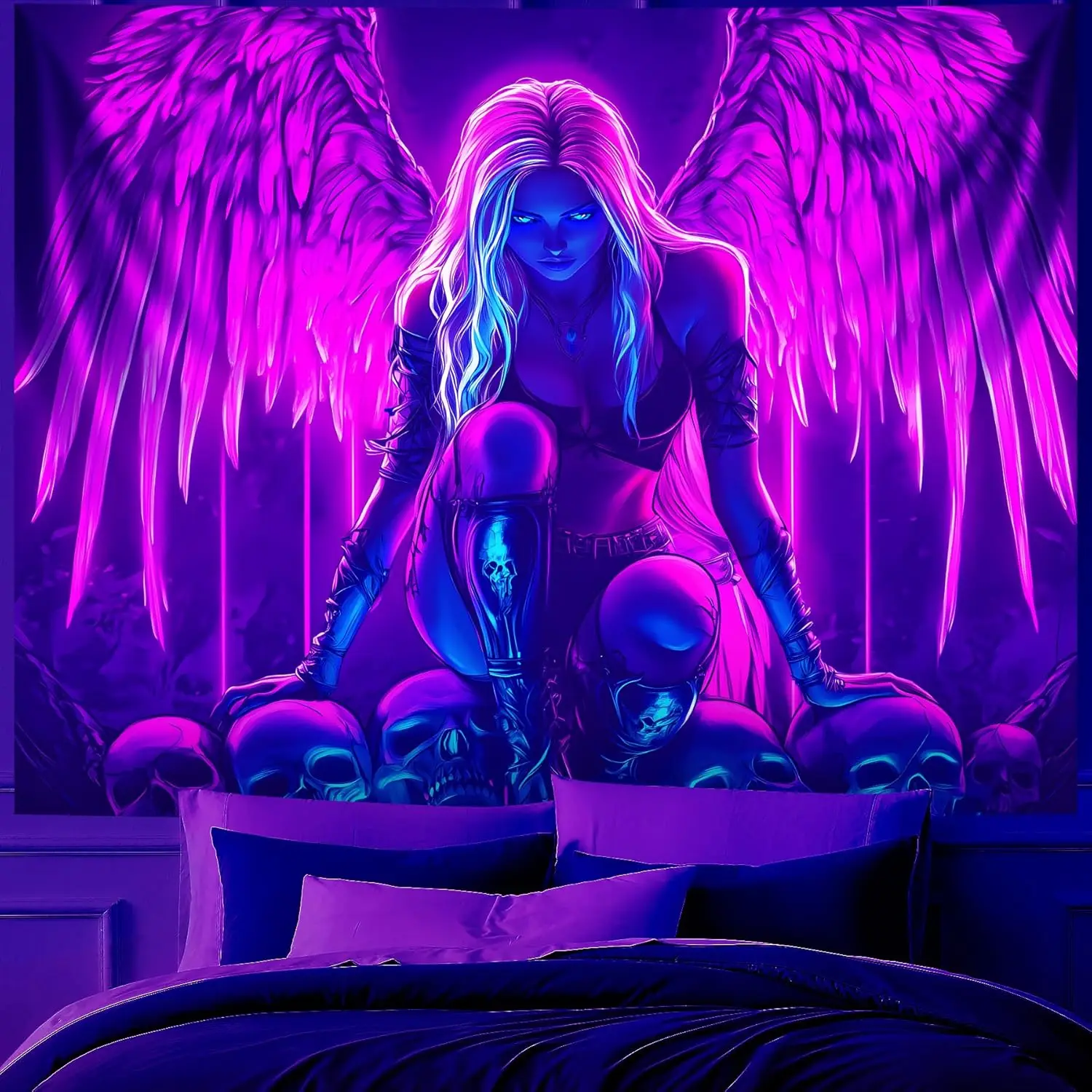 Dark Angel Tapestry - Neon Skull Girl Wall Art, Gothic Fantasy Decor, Emo Room Bedroom, Multiple Sizes