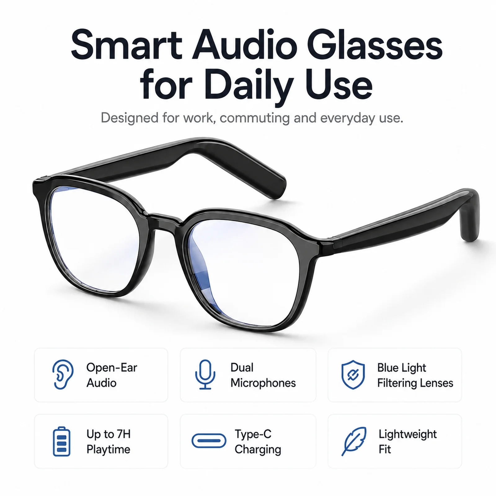 Smart Bluetooth Sunglasses, UV400 Smartglasses Audio Glasses for Outdoor Driving, Open-Ear Calls, Dual Mics, 7H Type-C Charging