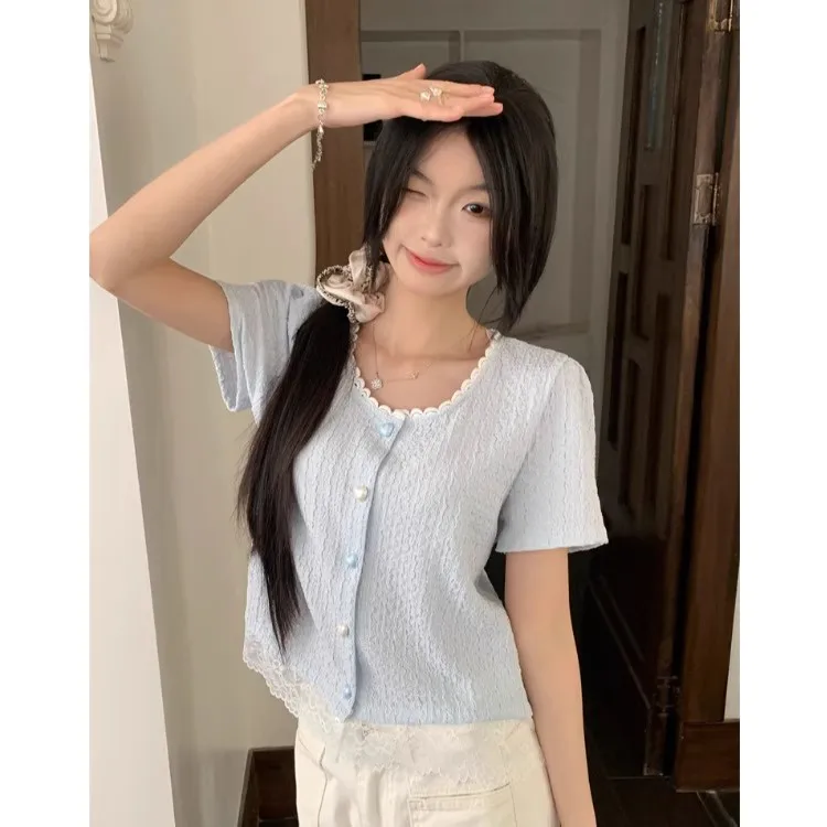 Sweet Lace Trim ort Sve irt Women's Sle Slim Fit Korean Faion round Ne ort Length Pure Color Button Detail