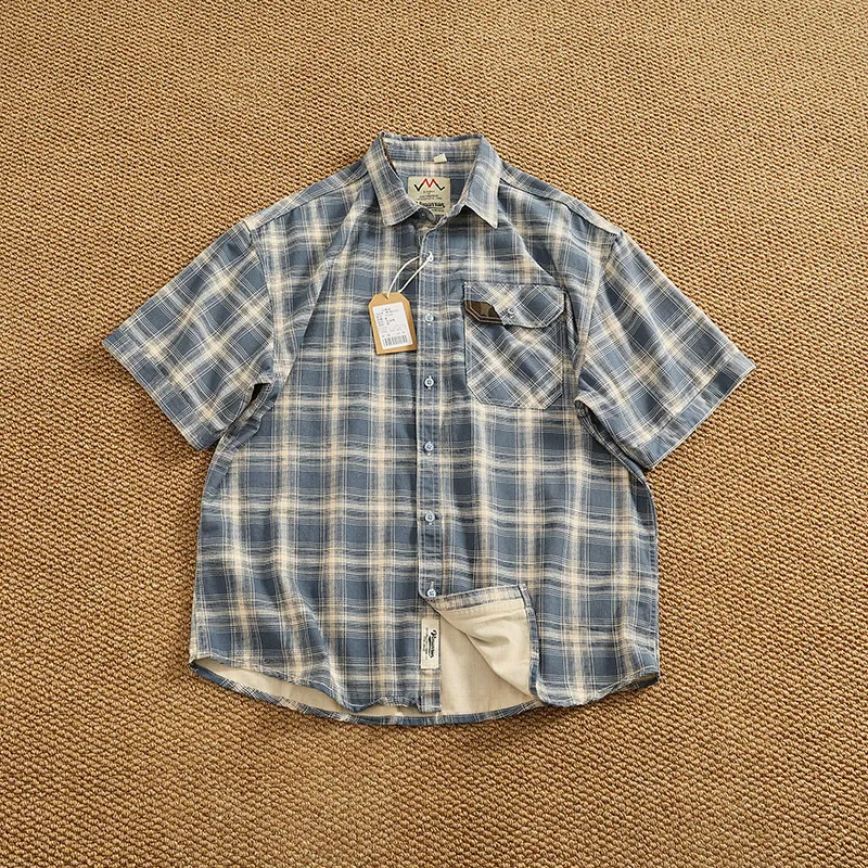 

New Summer Retro Pure Cotton Washing Men's Loose Casual Plaid Lapel Short-sleeved Work Shirt Men Clothing Shirts Shirts for Men
