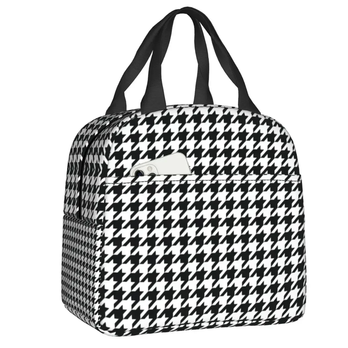 Houndstooth Black And White Pattern Insulated Lunch Bag Unisex Resuable Dogstooth Thermal Cooler Lunch Tote Office Work School