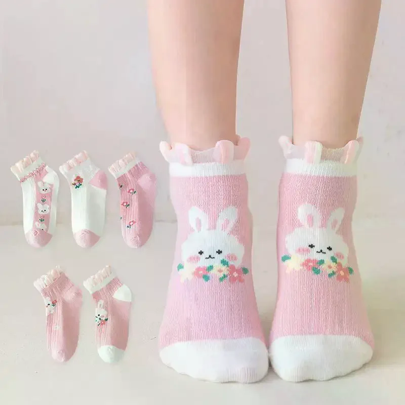 Pink Trendy Versatile Lace Mid-Calf Socks With Color-Blocking Rabbit And Floral Patterns Children's Socks For Girls 5 Pairs
