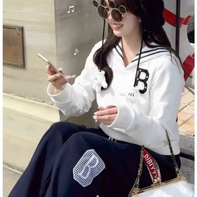 Japanese Fashion Versatile Sailor Collar White Sweatshirt Jacket Top Autumn New Niche Design Long-sleeved Hoodie Coat Women