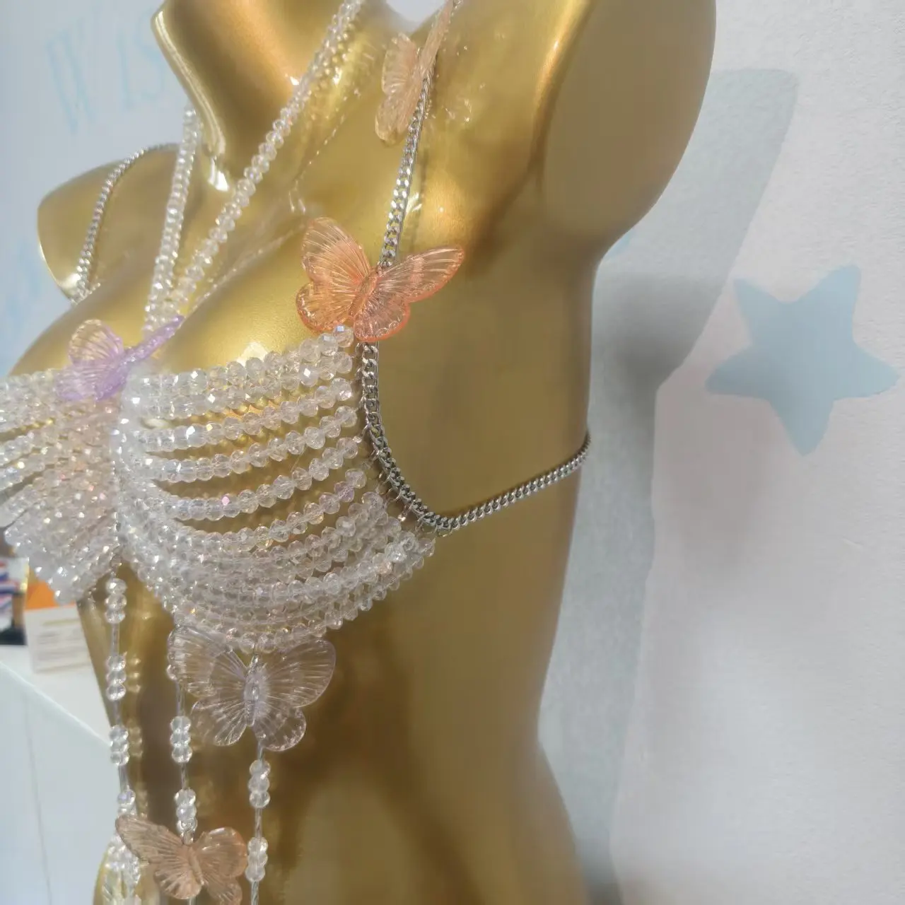Modisches handgefertigtes Perlen-Schmetterlings-Brustketten-Tanktop für Damen – sexy Körperkette für Sommer, Strand, Musikfestival und Party