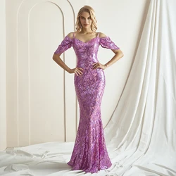 Elegant Sequin Off-Shoulder Mermaid Evening Dress Cold Shoulder Sleeves Floor-Length Gown vestidos de festa Formal Events