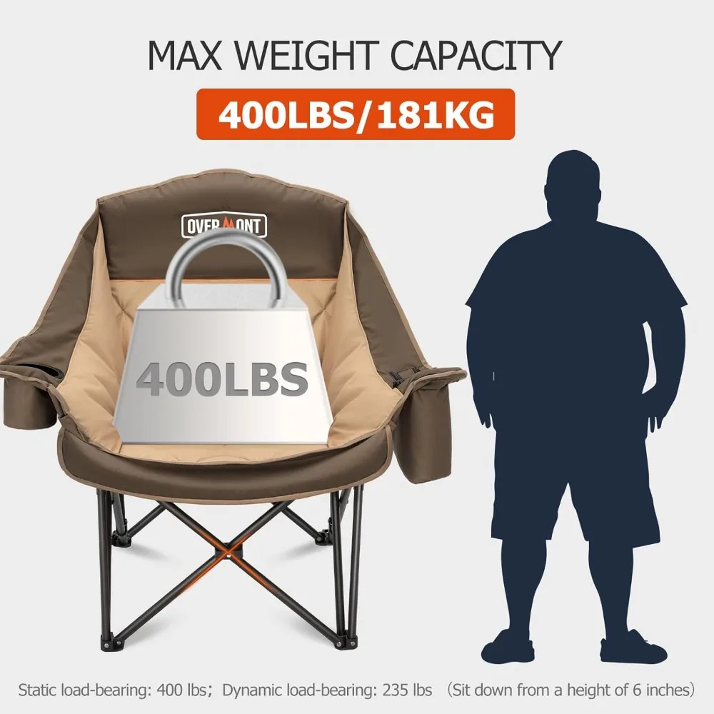 كرسي تخييم مقاس XL كبير الحجم من Overmont للبالغين - كرسي قابل للطي مبطن عالي التحمل بوزن 400 رطل مع حامل أكواب بجيب جانبي