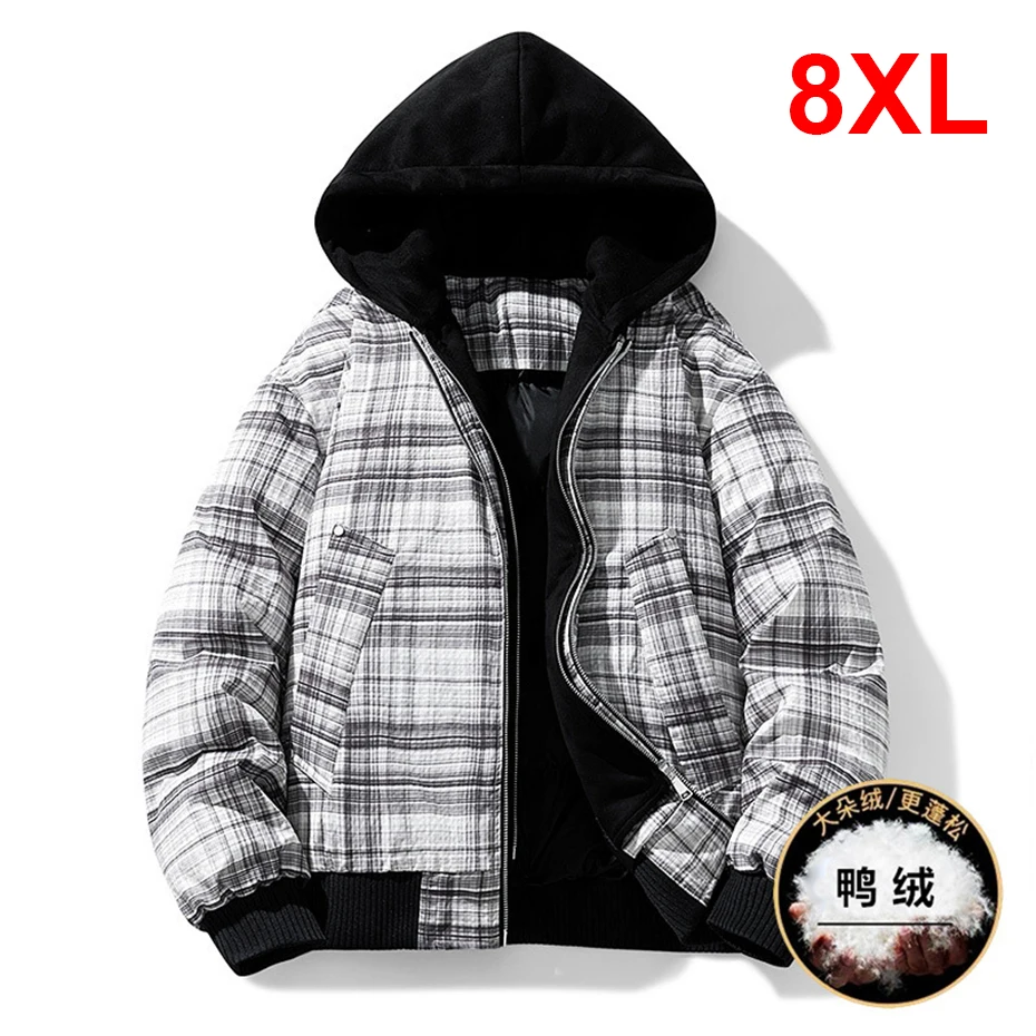 

Winter Down Jacket Men Plaid Jackets Plus Size 8XL Down Coat Male Fashion Casual Hooded Patchwork Jackets Big Size 8XL