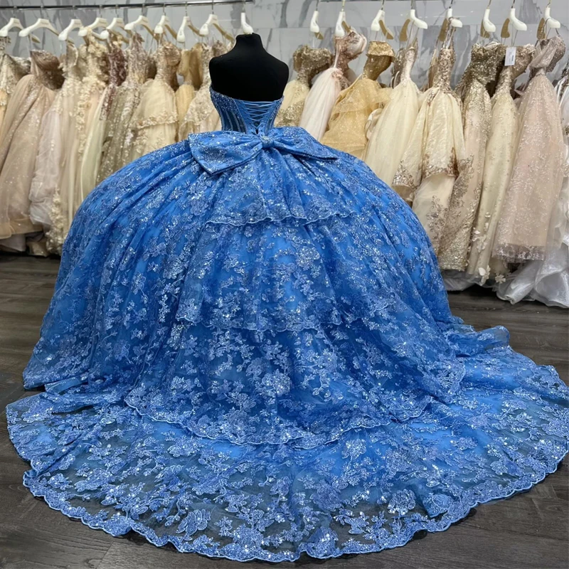 Błękitna błyszcząca z ramienia sukienka na Quinceanera suknia balowa tiulowa koronkowa aplikacja koraliki 16 urodziny vestido de charra 15 años