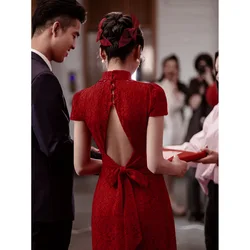 Grace Lace Qipao Female Backless Evening Dress Sexy Lace Chinese Style Dresses Big Bow Cheongsam Bride Banquet Gown Vestidos