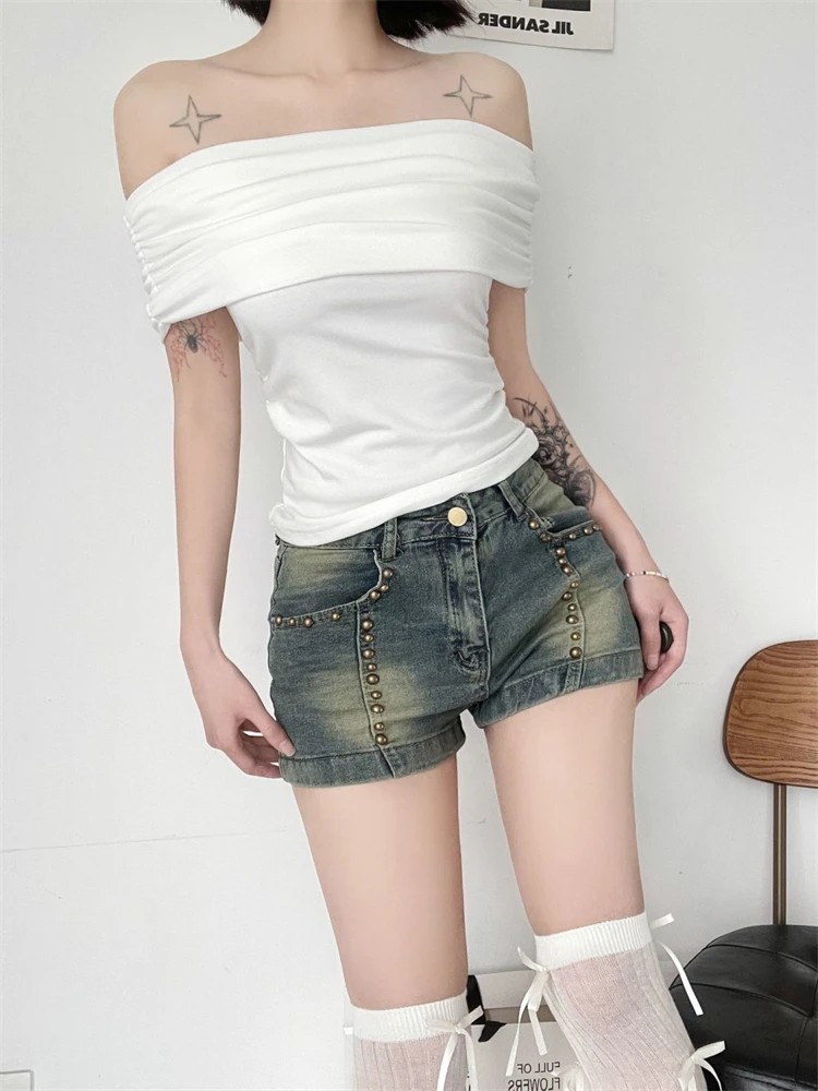 Women's Rivet Design Shorts Street Style Denim Cool Girl High Waist Cowboy Mini Trousers Female Summer Sexy Hot Pants