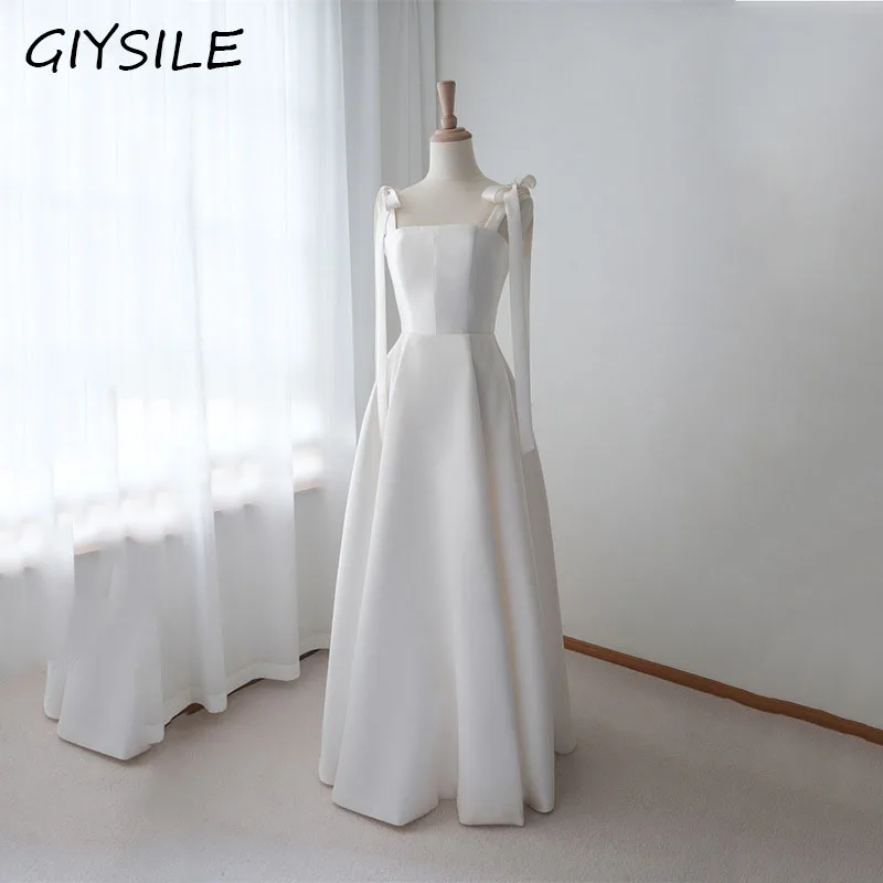 

GIYSILE Satin Light Wedding Dress with Slim Bow Decoration, Simple Temperament, Bride Wedding Dress, Birthday Party Long Dress