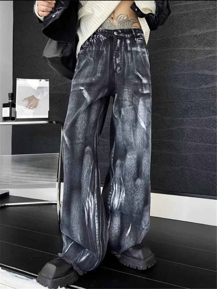 2023 Niche design sense tie dye straight leg jeans male fried street wide leg mop pants hipster