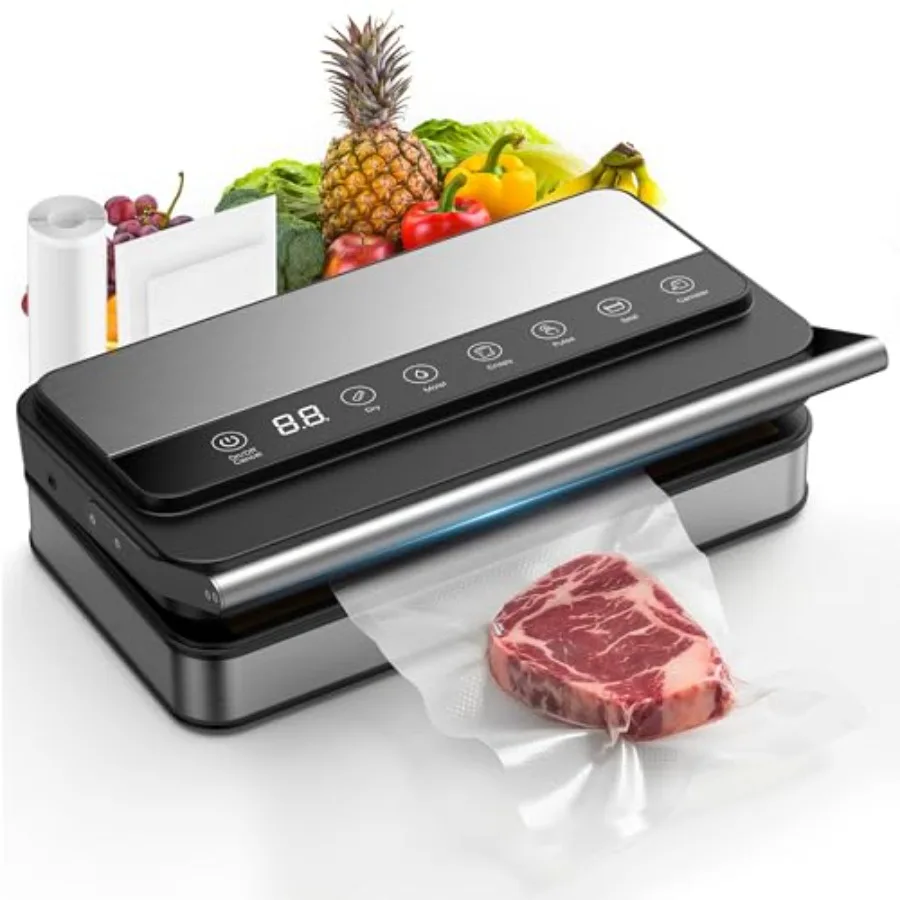 

Вакуумный упаковщик для продуктов 85 кПа с цифровым таймером, встроенным резаком и контейнером для хранения, для использования на кухне, черная отделка из нержавеющей стали, прочный