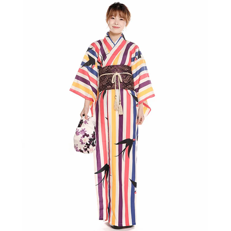 Japanese Kimono Women's Traditional Stripe Improved Edition Anti Wrinkle Ironless Washable Summer Festival Kimono Yukata