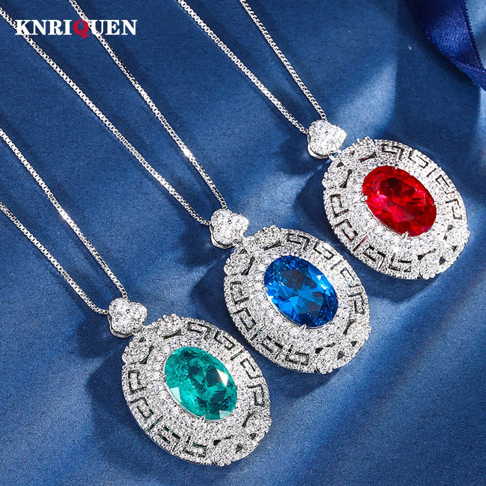 

2024 Trend 13*18mm Ruby Emerald Sapphire Pendant Necklace for Women High Carbon Diamond Cocktail Party Fine Jewelry Female Gift