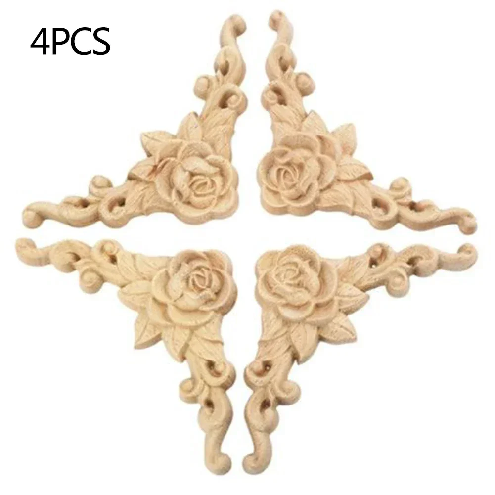 Carved Corner Decal Decorate Frame Wooden Arts Home Décor Unpainted European Style Floral 4× Rose Durable Applique