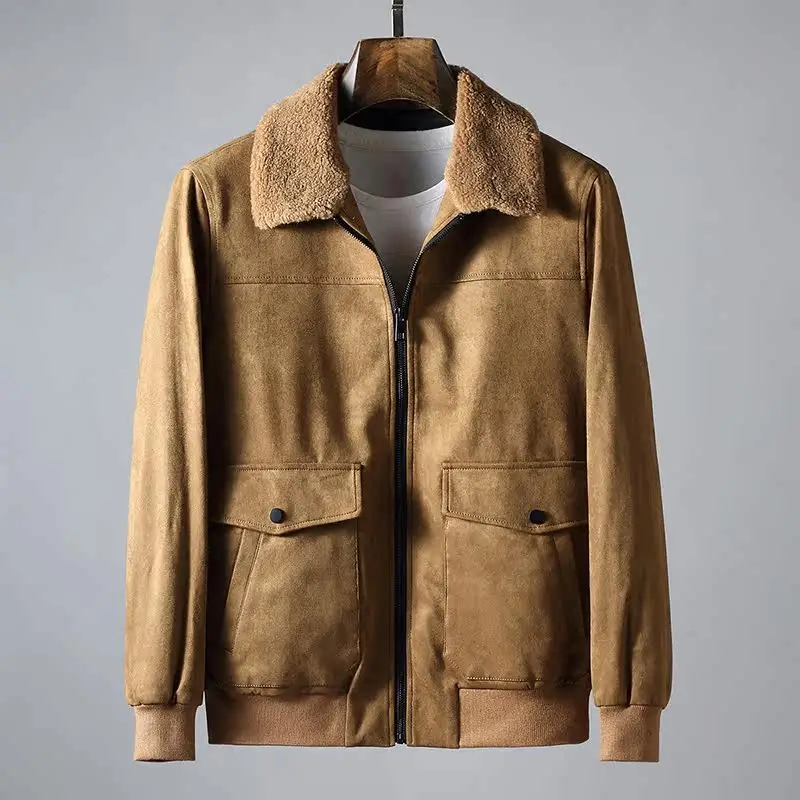 Autumn and winter fashion deerskin fleece lapel jacket men's lamb wool fur collar padded cotton thickened casual short jacket