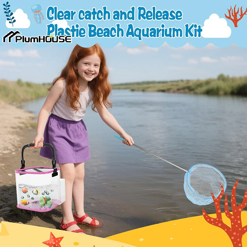 1Pcs Catch And Release Plastic Beach Aquarium With Side Pockets ,Upgraded Side Pockets Design