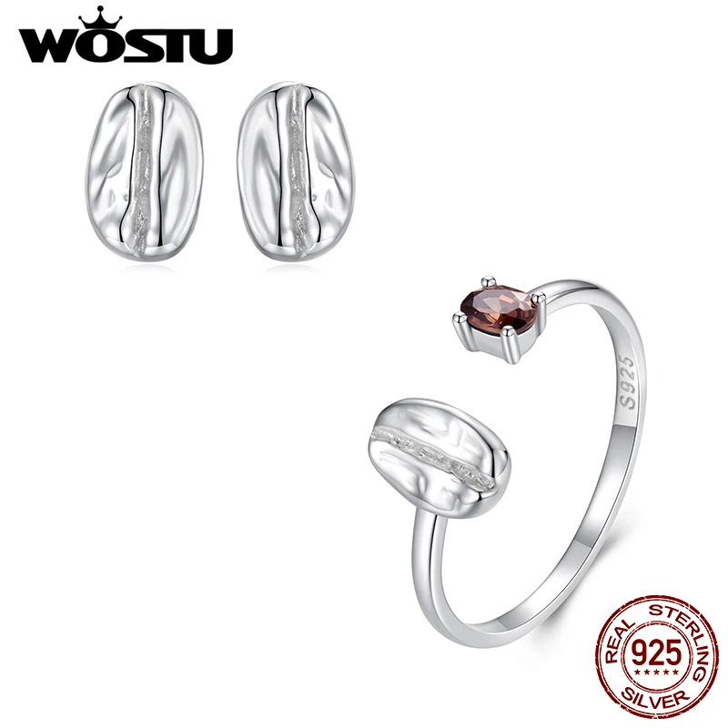 WOSTU 925 Sterling Silver Coffee Bean Stud Earrings Open Ring Jewelry Set Zircon Rings for Women Fine Jewelry Party Dating Daily