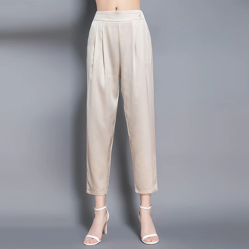 100% Silk Pants Women 2 Colors Simple Design Solid Elastic Waist Button Harem Trousers New Fashion Style