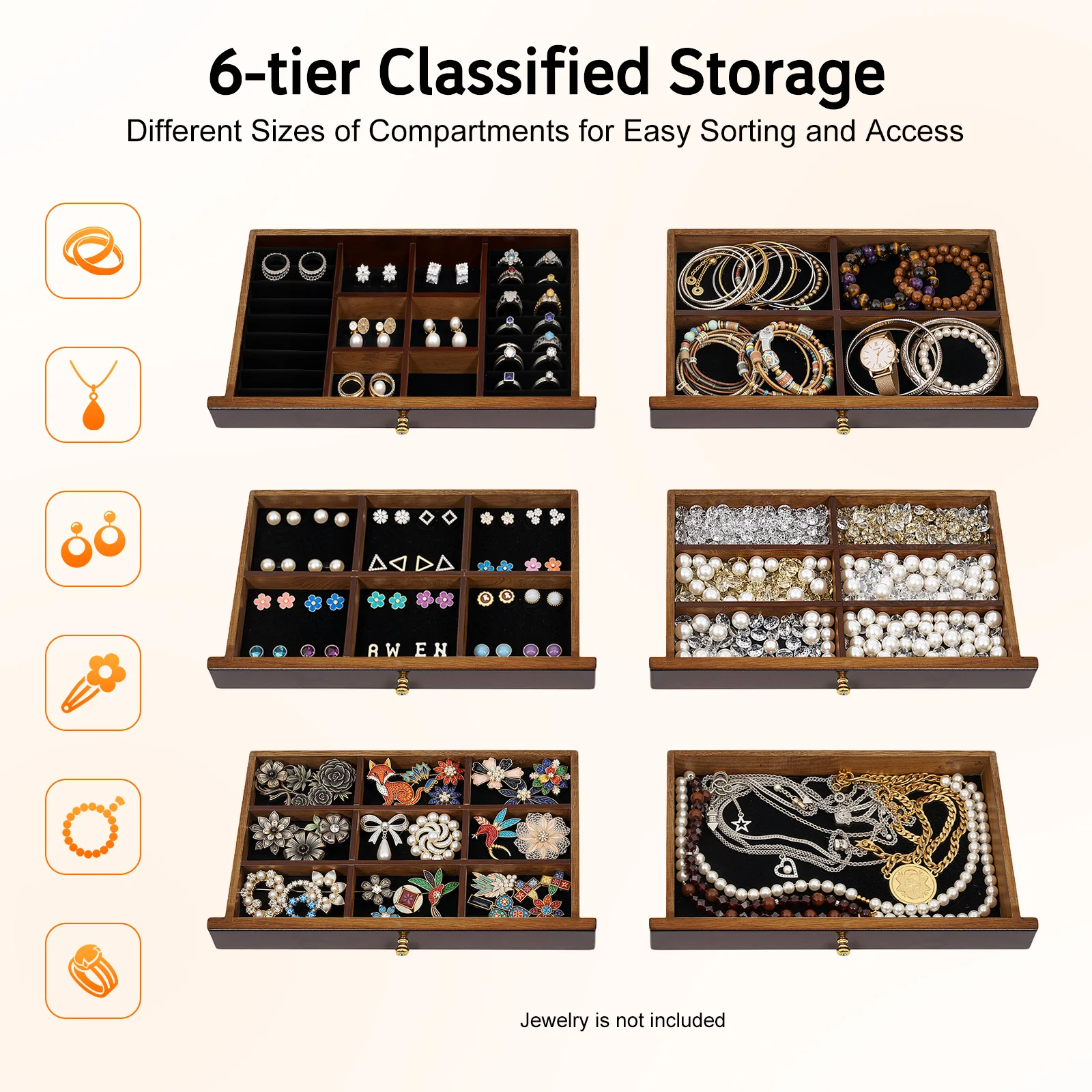 

6 Tiers Jewelry Storage Vintage Box/Case Wooden Jewelry Organizer/Collection