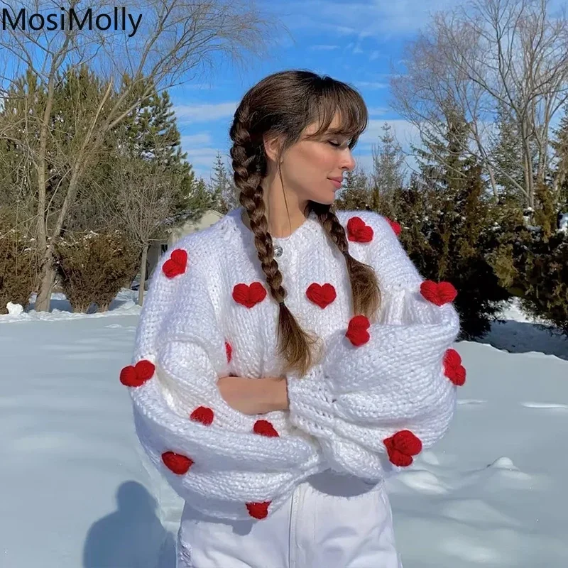 MosiMolly Handmade Heart Sweater Cardigan Women Rhinestone Button Women Cardigan Sweater Jumper Soft Warm Sweater Winter 2022