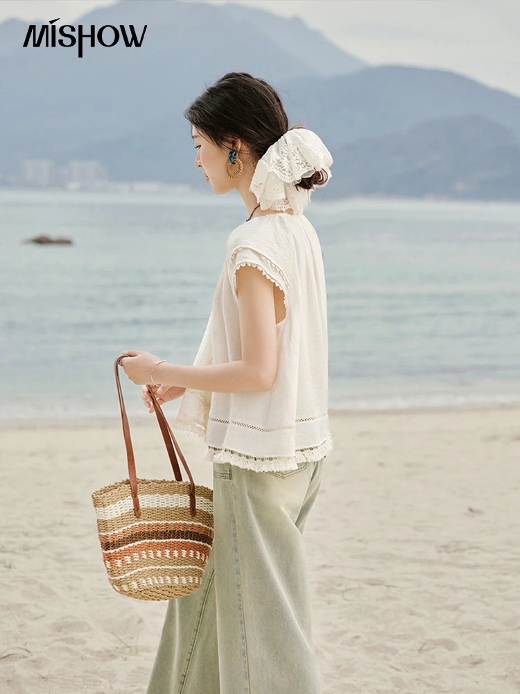 MISHOW Embroidered French Shirt Women Summer 2025 Short Sleeve Round Neck Solid Blouses Female Fashion New Tops Lady MXE33X1744