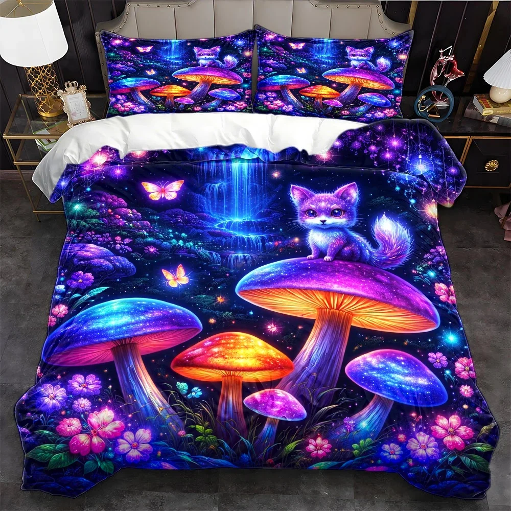 3Pc Dreamy Fluorescent Mushroom Cat Duvet Cover Set, Three-Piece Bedding Set (1*Duvet Cover + 2*Pillowcases), Suitable for All Seasons, Machine Washable, Invisible Zipper, Personal Bed Cover, Suitable for Home, Dormitory, Master Bedroom, Guest Room, Ins-Style Fantasy Forest Print Bedding Set, Large Duvet Cover Three-Piece Set, Popular Colorful Fairy Tale Style Bedding, Starry Sky Butterfly Floral Pattern Bed Cover Set, Soft and Skin-Friendly Bedroom Decoration Bedding Set 2D Flat