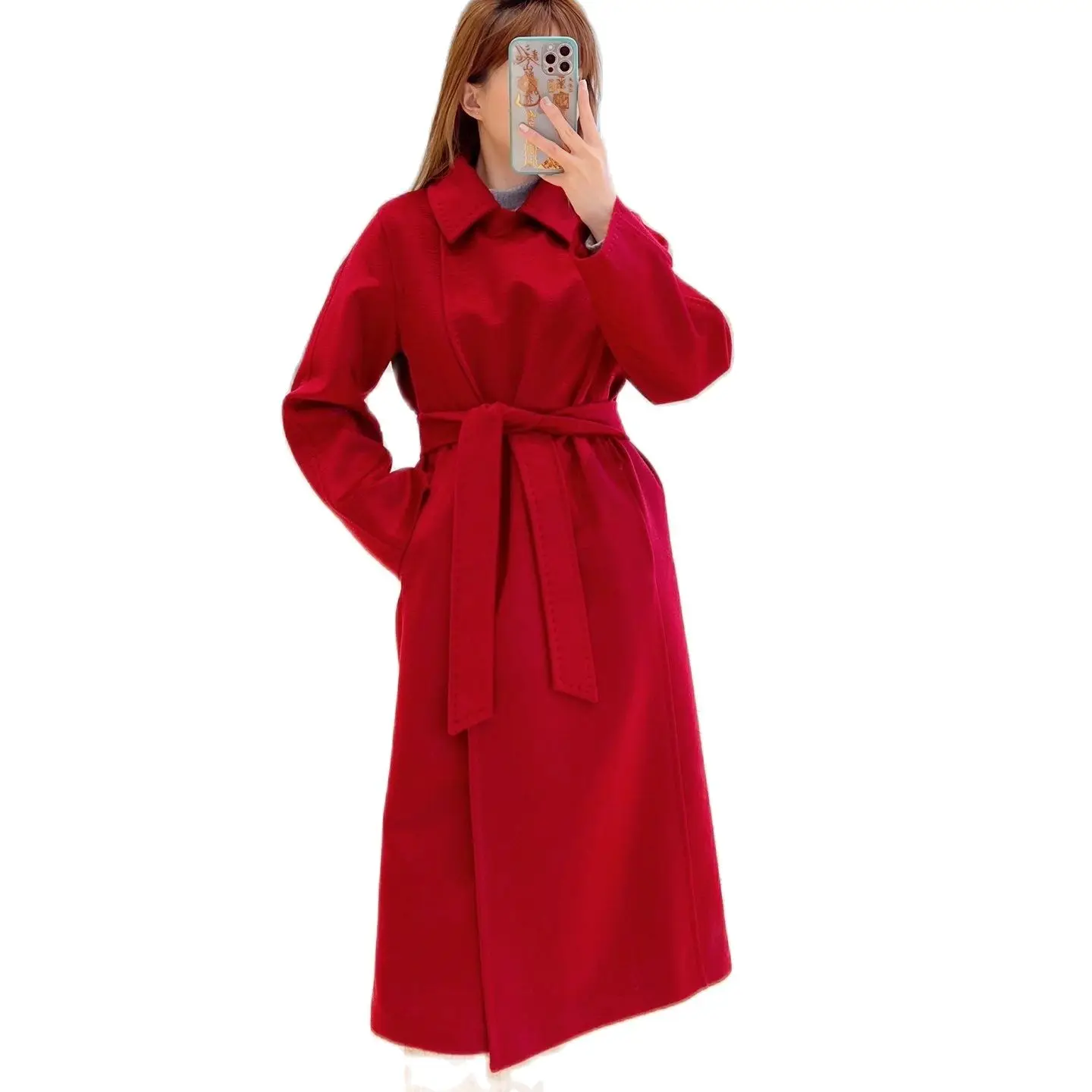 

High-end Coat Women Classic Water Ripple Camel Hair Coat Female Long Wection Autumn Winter Cashmere Coat Fashion Red Jacket