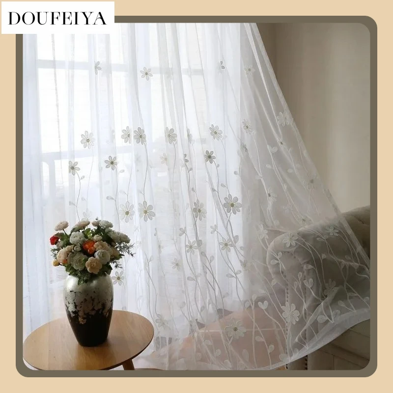 

Fashion Embroidered White Gauze Curtain Retro Literary Semi-black Curtain Curtain Gauze Luxury Living Room Balcony
