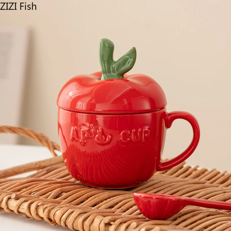 Ceramic Mug Cartoon Apple Fruit Shape Cover Band Tomato Coffee Cup Children's Breakfast Milk Mug Festivals Birthday Present