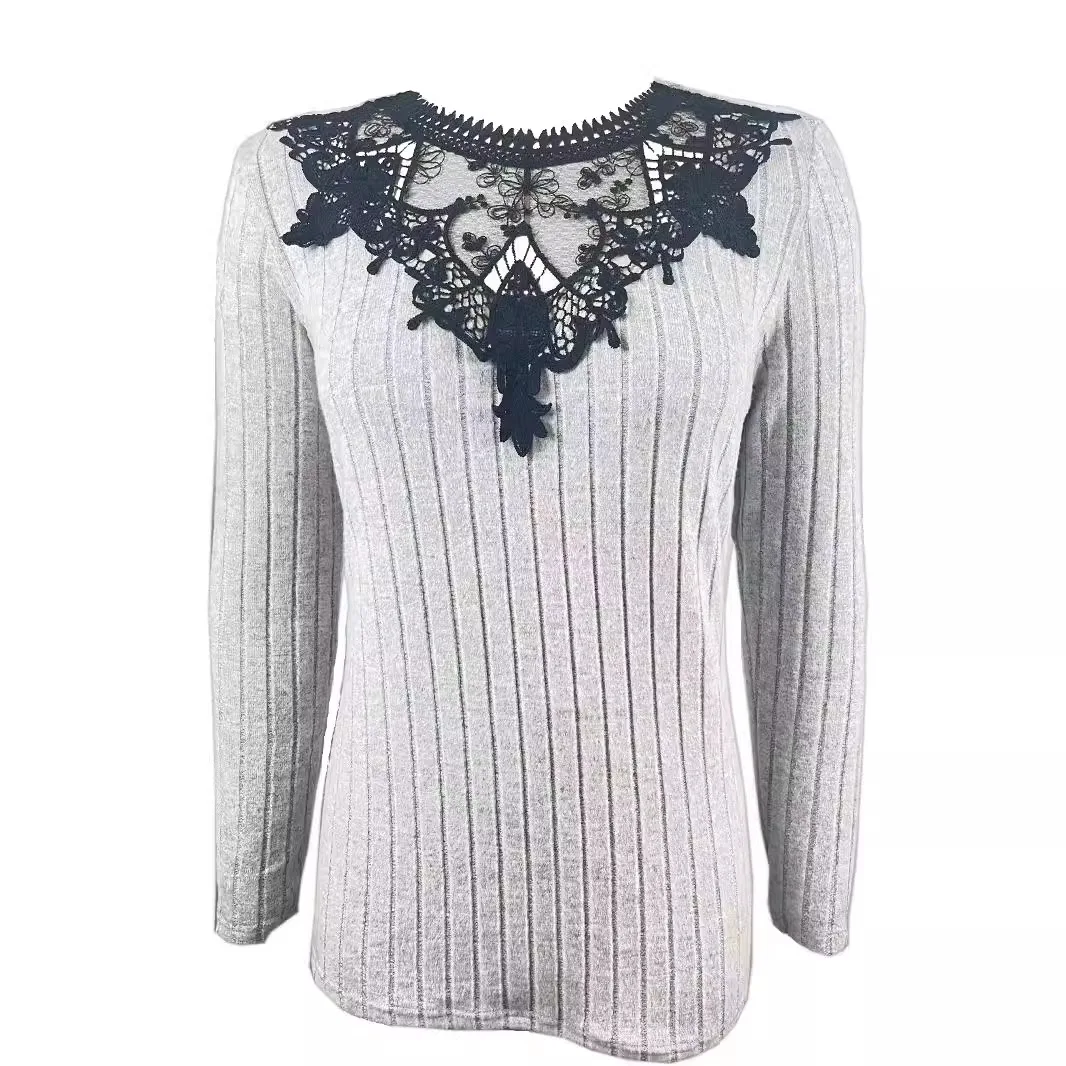 2024 Autumn/Winter New Women's Fashion Style Casual Commuting Sexy Splicing Solid Color Long Sleeve Lace Knitted T-shirt