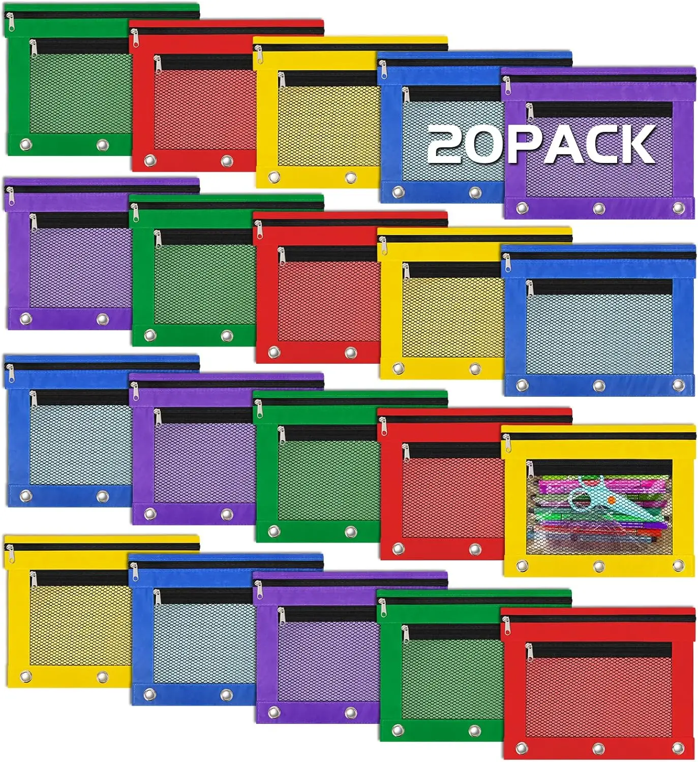 

20 Pack Pencil Pouches for 3 Ring Binder with Zipper, Mesh Pencil Case Bulk for School Supplies Students Teachers