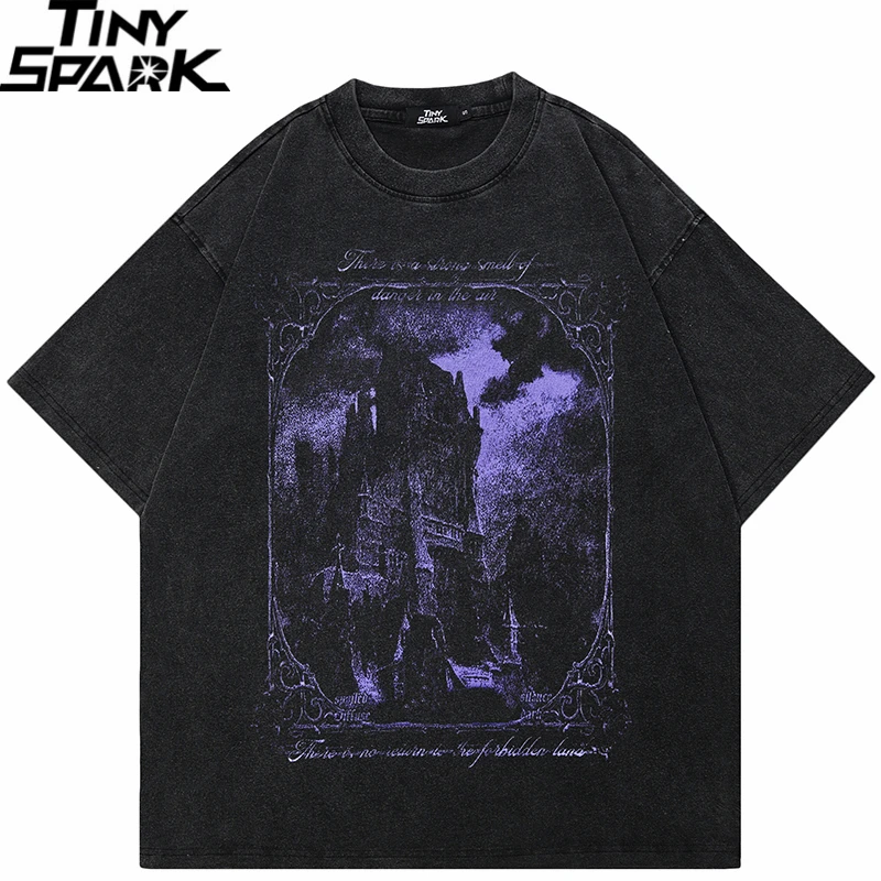 Hip Hop 2024 Washed Black T-Shirt Streetwear Vintage Purple Graphic Horror Castle T Shirt Cotton Tshirt Men Tops Tees Unisex Y2K