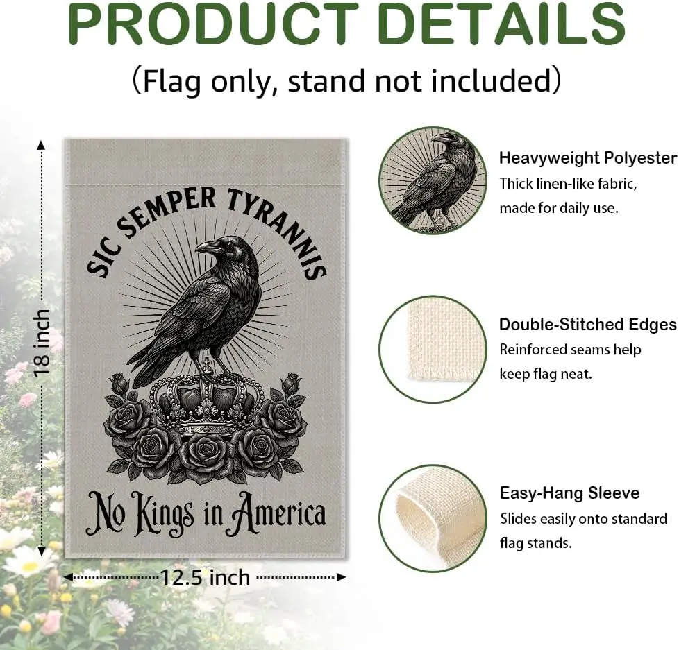 No Kings In America Raven Crown Political Protest Garden Flag 12x18 | No Gods No Masters Anti Oligarchy Authoritarian Flag D uui