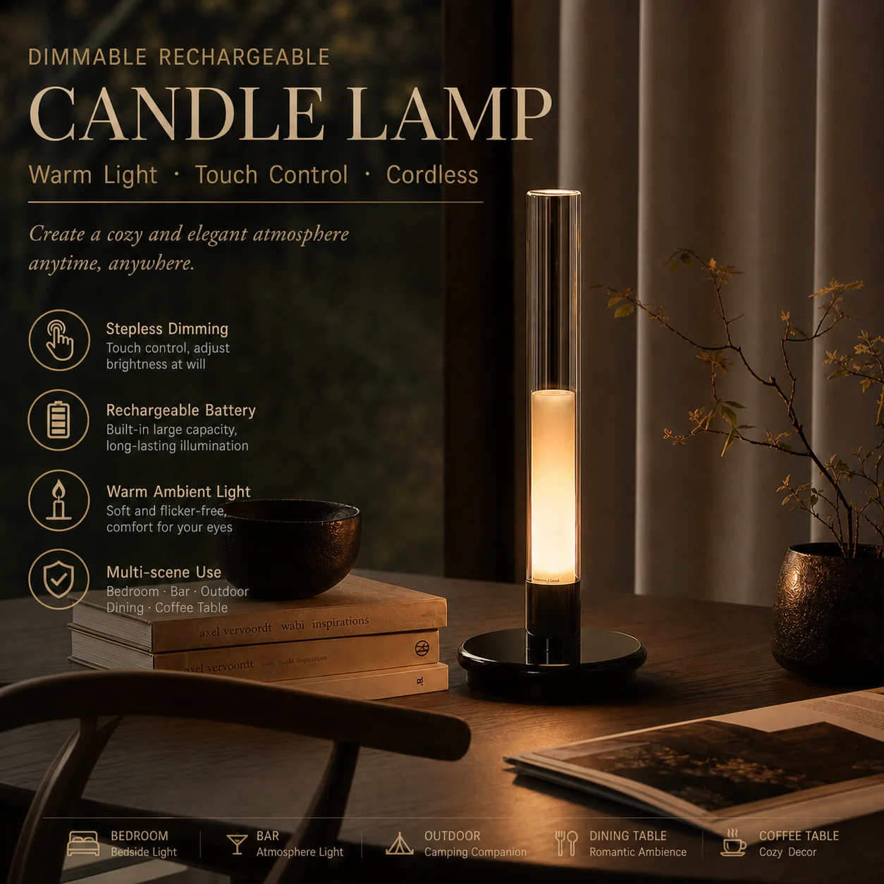 WWPPU Eye Caring Candle Lamp Anti Glare Dimming Sconce Room Decor Items Home Decoration Bedside Cordless Desk Bar Ambient Light