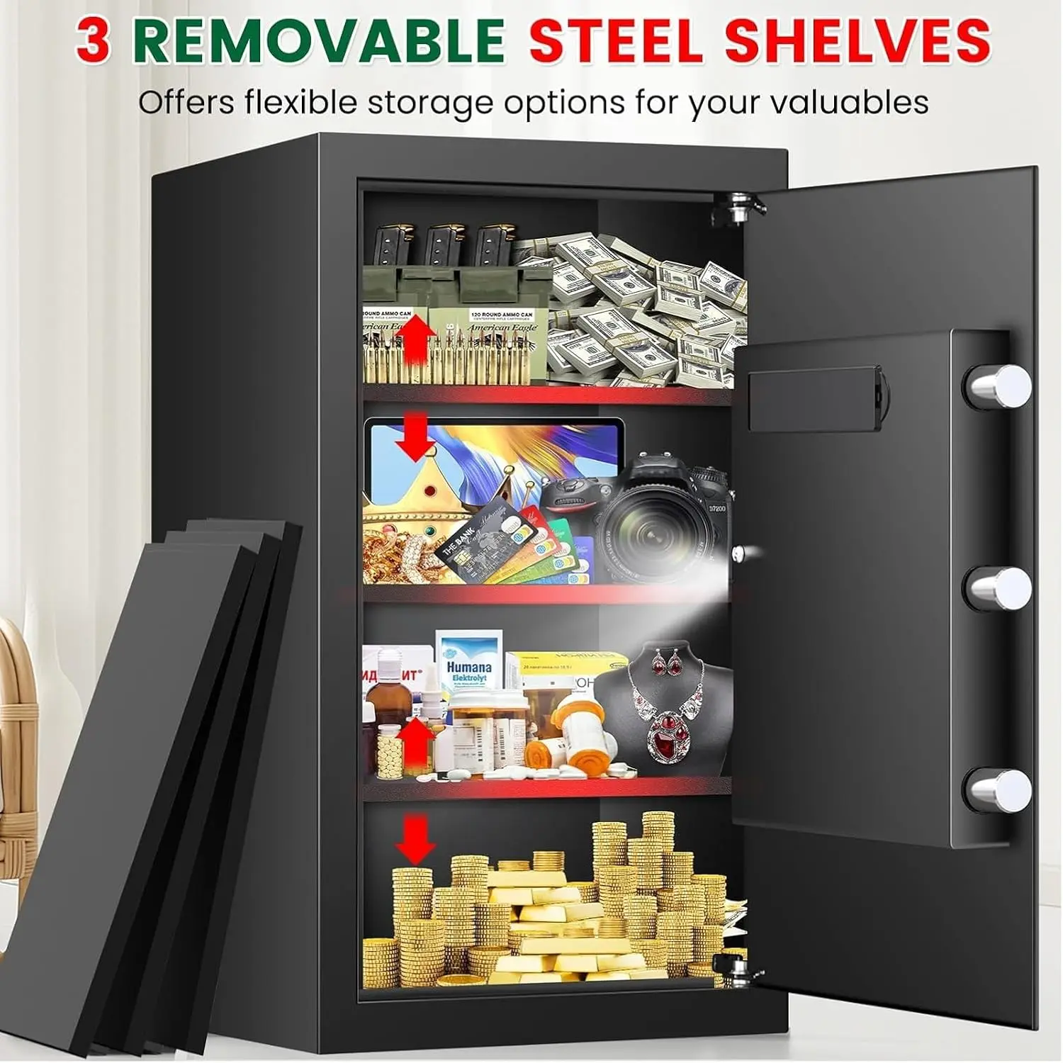 5.1 Cuft Fireproof Waterproof Digital Safe with Keypad Lock, 3 Removable Shelves & LED Light for Home Office Security