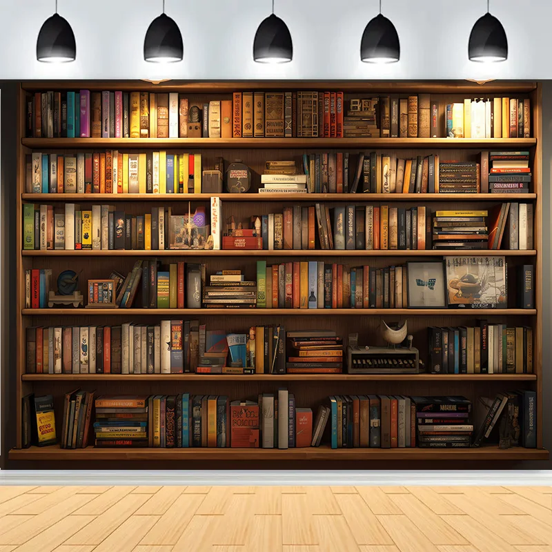 

Wooden Bookshelves With Books Photography Backdrops Classic School Library Room Live Vintage Cabinet Photo Background SJ-04