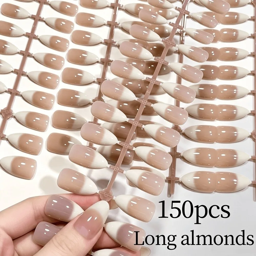 150 Pieces Press On Nails Glossy Finish Medium Almond Shape False Nail Tips Gradient Blending Milk Tea Color Fake Nails