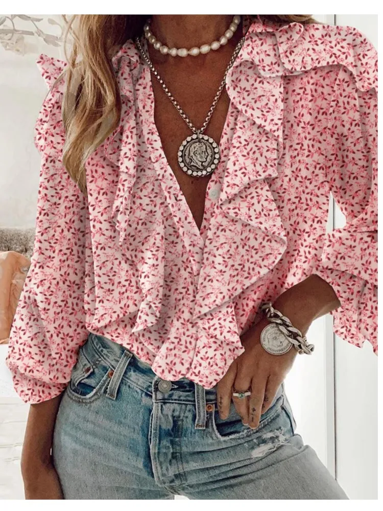 

Shirt Women Chiffon Long Sleeve Fashionable Print Shirts V-neck Loose Tops Elegant Sweet 2025 Spring Clothing Causal Blouses