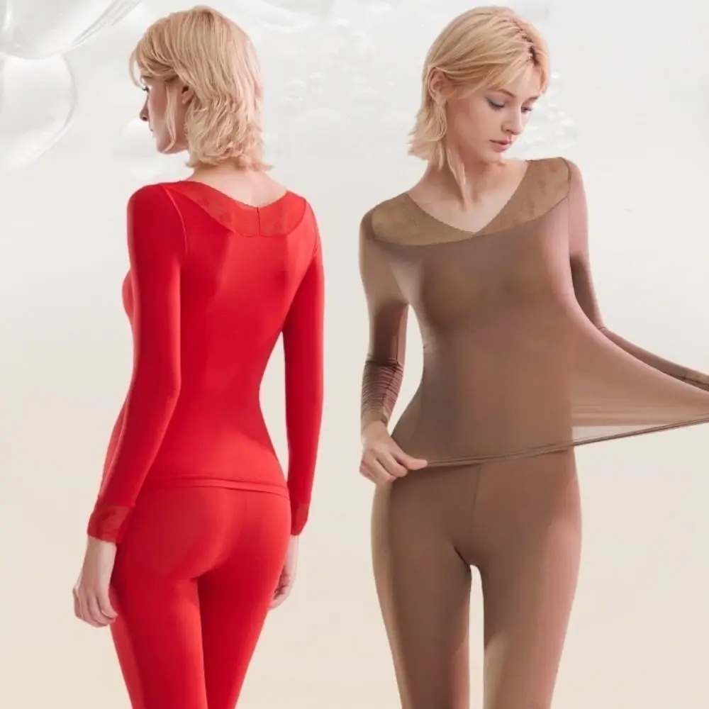 Tops and Pants Women Thermal Clothes Ultra-thin Invisible Feel Heating Thermal Underwear Lingerie Lace V Neck Warmth Long Pants