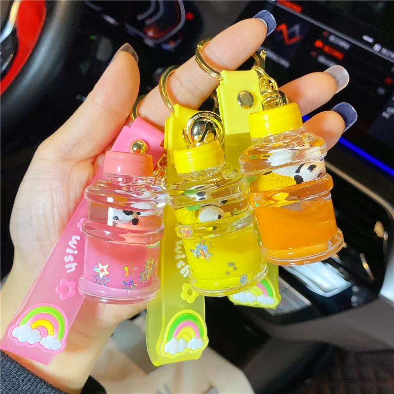 Creative Fruit Panda Float Bottle Bucket Liquid Key Chain Female Cartoon Star Sequin Green Apple Panda Quicksand Pendant Keyring