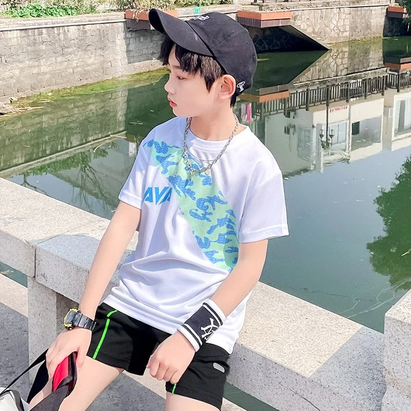 Dubbped Summer Kid's Athleisure Boy's Short Sleeve Basketball Training Fitness Running Loose Breathable Large Size T-shirt Set